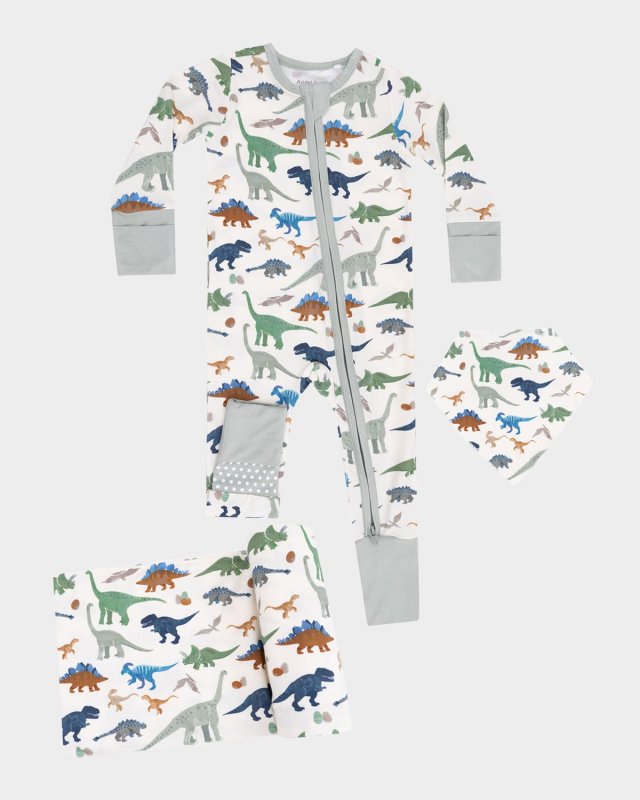 Girl's 3-Piece Washy Dinos 2-Way Zip Romper Set, Size 0M-24